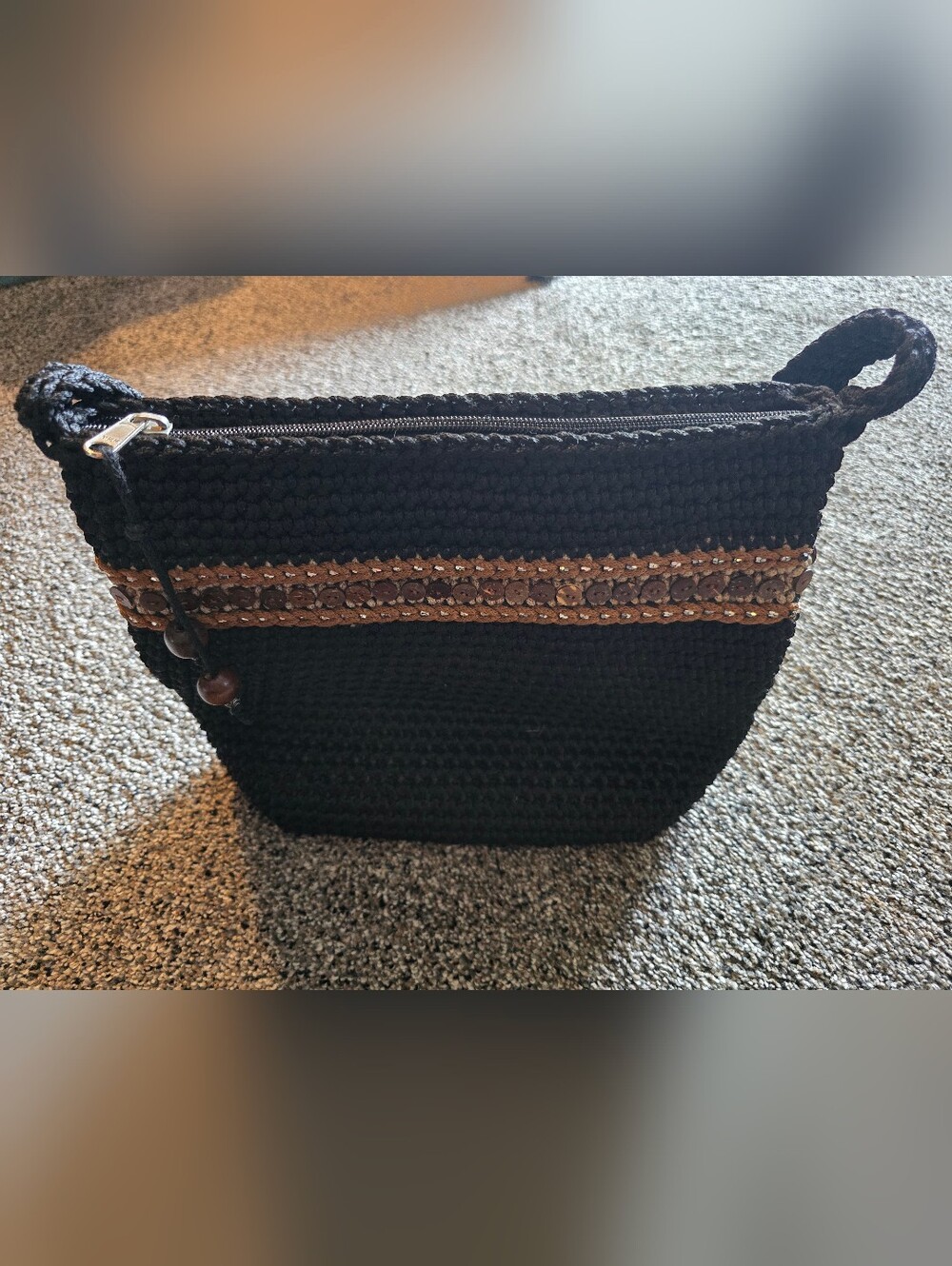 VNT 90s Boho Macrame/Crochet Purse Coconut Shell Buttons Teddy Bear Interior EC